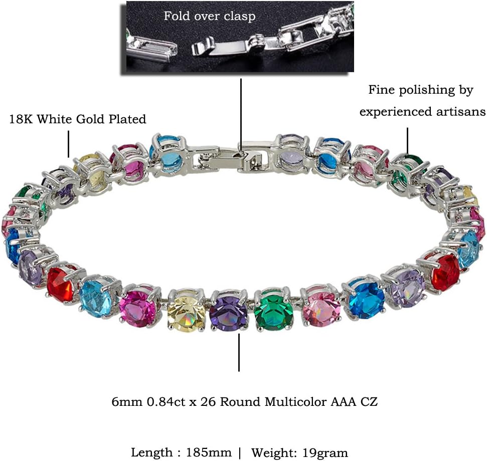 RIZILIA Statement Tennis Bracelet for Women | 6mm Round Brilliant Cut Multi Colors CZ Bracelets in 18K White Gold Plated | 7 inch - Image 2