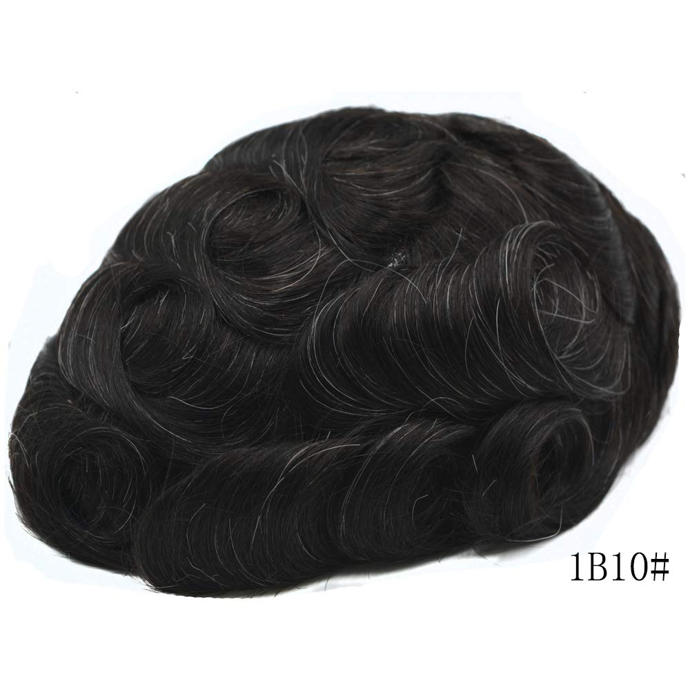 Hairnotion Toupee para hombres 0.04 MM Invisible Piel súper delgada Cabello humano real negro 1b # con pelucas de cabello gris al 10% # 1b10