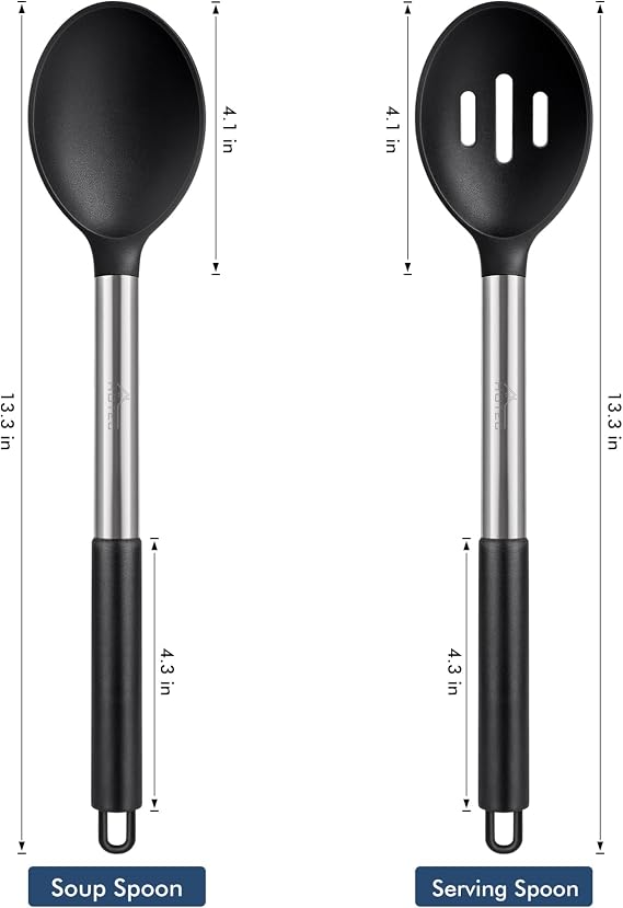HOTEC 446F Heat Resistant Large Silicone Cooking Spoon, BPA Free Solid Slotted Spoons, Nonstick Kitchen Cookware Utensils, Mixing, Serving, Stiring Large Spoons, Black
