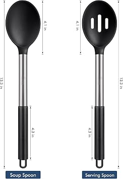 HOTEC 446F Heat Resistant Large Silicone Cooking Spoon, BPA Free Solid Slotted Spoons, Nonstick Kitchen Cookware Utensils, Mixing, Serving, Stiring Large Spoons, Black
