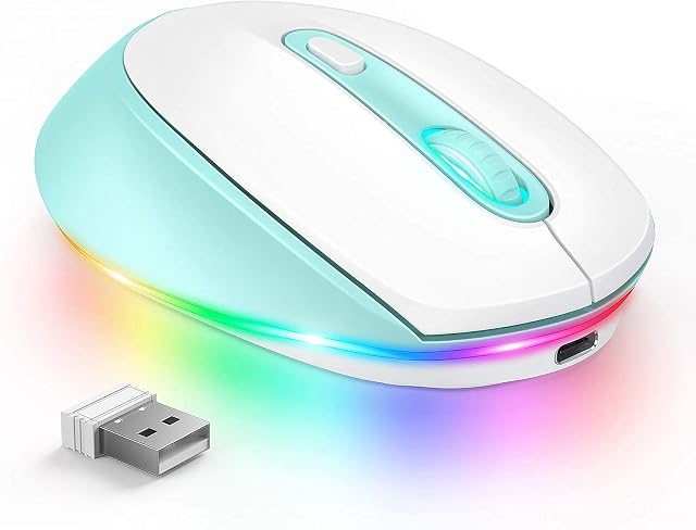 seenda Wireless LED Mouse, Rechargeable Computer USB Cordless Mice Mouse for Laptop, Adjustable DPI, Quiet Click LED Rainbow Lights for PC Gaming, Ambidextrous, Kids, Chromebook, White & Blue