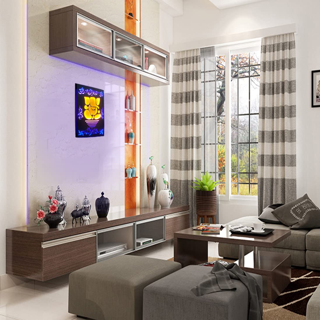 Biswas Brother Ganesha Modern Art Wall Hanging LED Light Wall Decor,A Devotional well-designed11X16 inch (Brown & Golden Yellow) Rectangle Shape 4