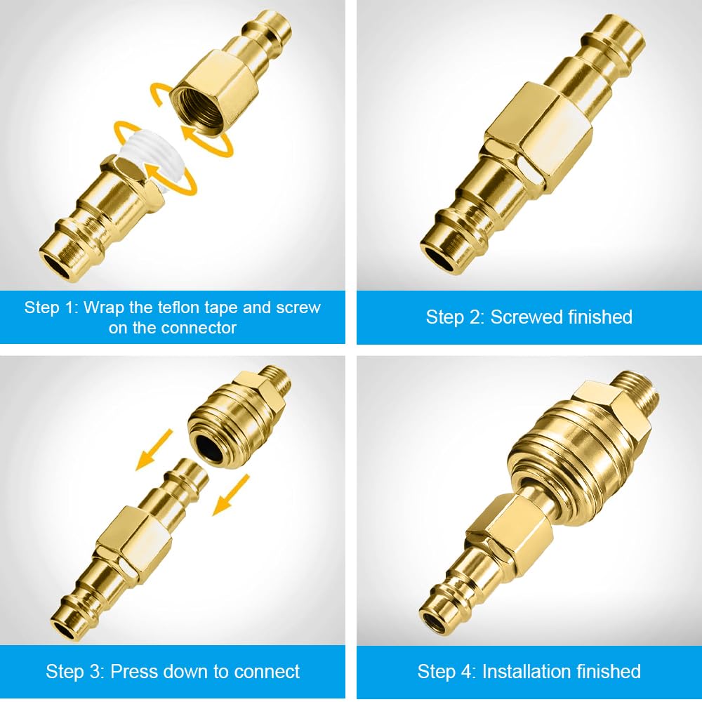 Air Line Connectors 10PCS Euro Airline Hose Compressor Fittings, 1/4" BSP Air Coupler and Plug Kit, Gold Plated Compressor Accessories - Image 4
