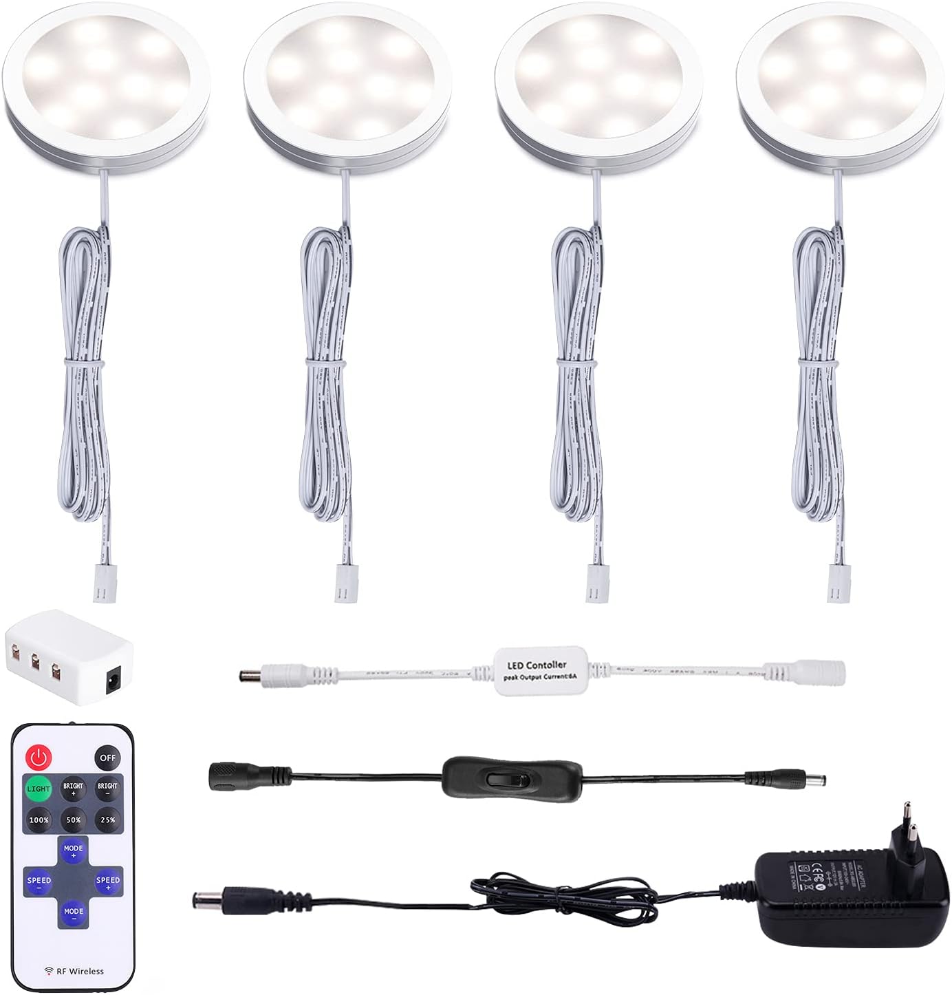 AIBOO LED Cocina Debajo de La Lámpara del Gabinete con Control Remoto Inalámbrico RF, Iluminación Empotrada Ultradelgada Redonda, 4 Packs de Luces LED para Escaparate 12V 8W(Blanco Natural 4000K)