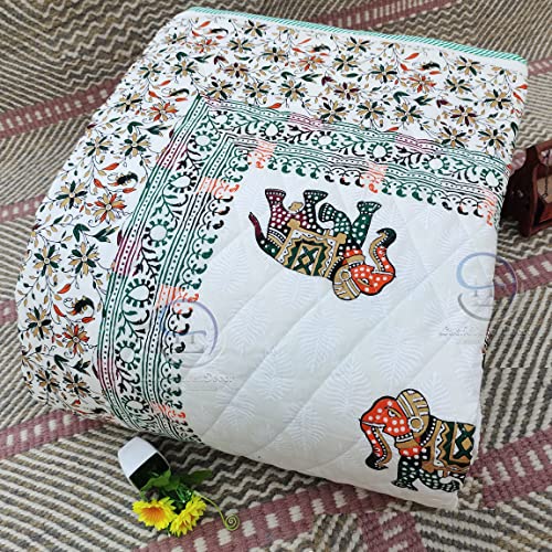 Image of 380 GSM Jaipuri Elephants Printed Winter Cotton Single Bed Quilt Razai - Red, Green, Cream and Multicolor, Rajai, 60X90 Inch