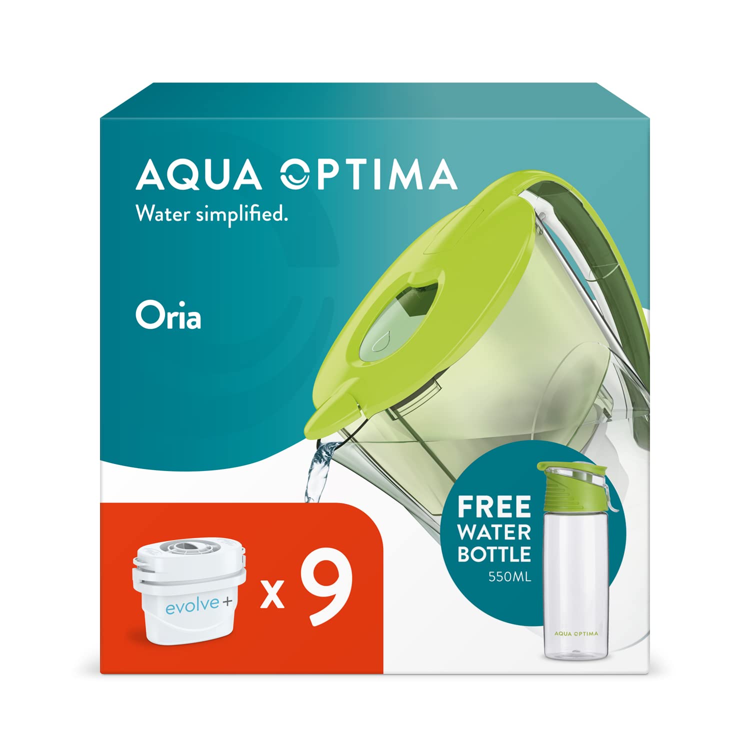 Aqua OptimaOria Water Filter Jug & 9 x 30 Day Evolve+ Filter Cartridge, 2.8 Litre Capacity, and 550ml Water Bottle, for Reduction of Microplastics, Chlorine, Limescale and Impurities, Green