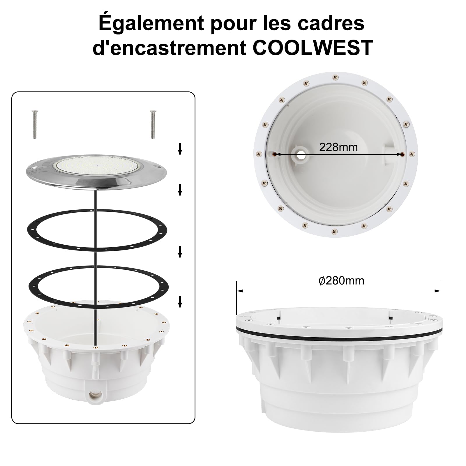 COOLWEST Projecteur Piscine LED Remplie de Résine, 36W Lampe Piscine Extra-Plats, Blanc Froid LED Spot Piscine en Acier Inoxydable, IP68 étanche, 12V DC, Montage en Surface, 6000K