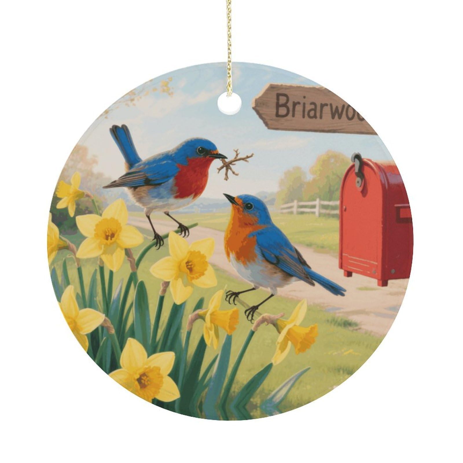 Personalized Christmas Ornaments 2025 Ceramic Hanging Bluebirds and Daffodils Ornaments with Gold String Double-Sided Vintage Holiday Decorations for Tree Mantel Tabletop Xmas Party Fav