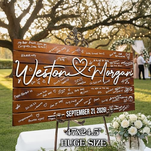 Image of Personalized Huge Size Wedding Guest Book Alternative Sign, Pallet Themed Rustic Wood Guestbook Sign for Reception, Custom Last Name & Wedding Date Wall Art, Unique Wedding Decor & Gift for Couples (XXXL 45x24.5 inch)