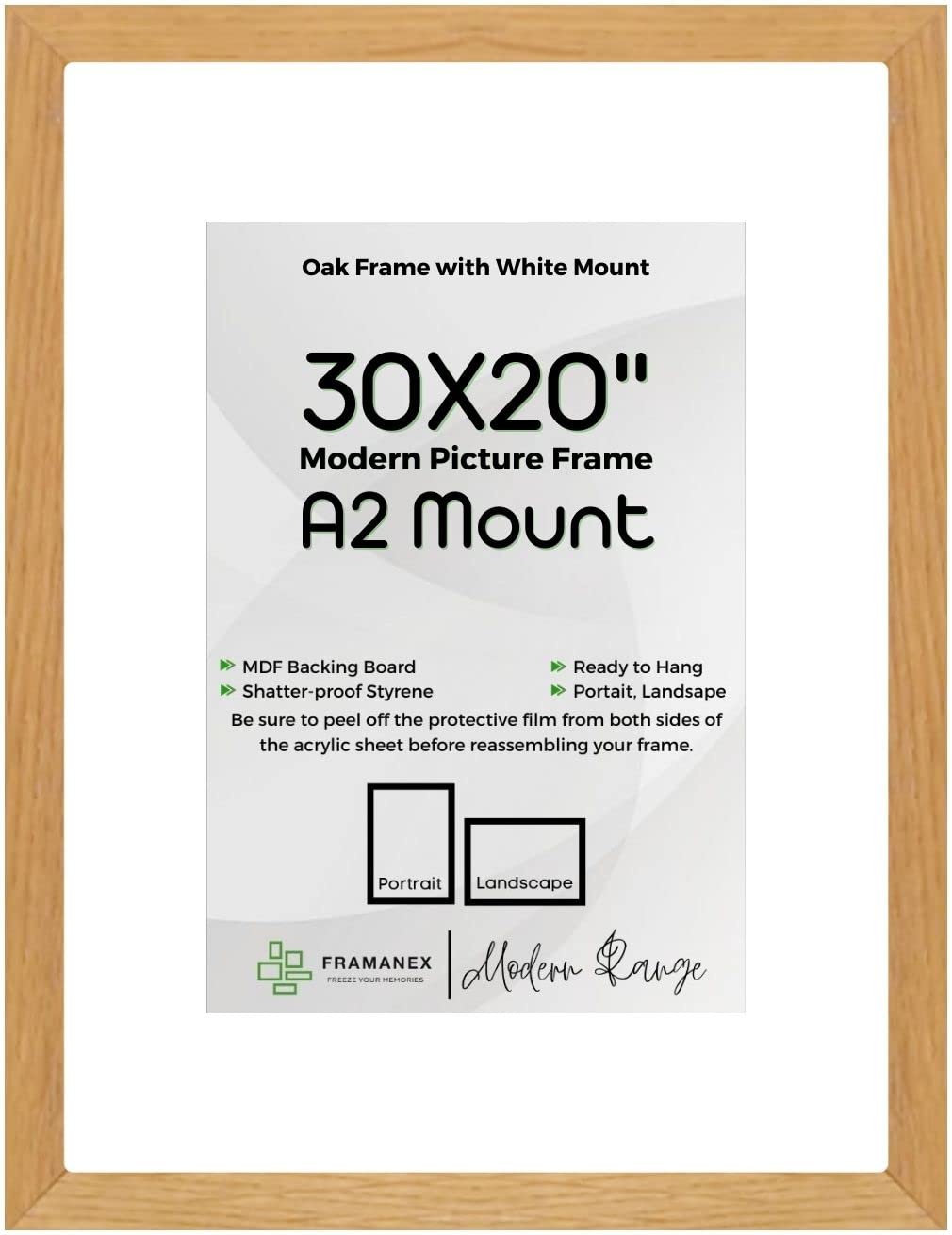 FRAMANEX OAK Large Picture Poster Frame Size 30 X 20 inch, 76.2 X 50.8cm, 762 X 508mm with White mount to fit image print size A2, 24 X 16 inches, 60 X 42cm, 600 X 420mm [OAK Frame]