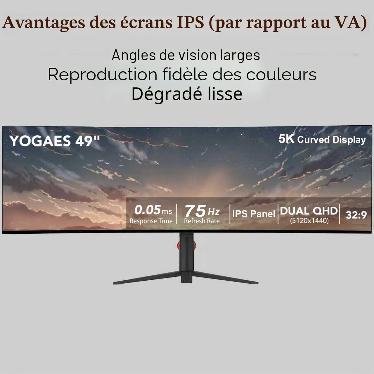 YOGAES 49 inch Wide Dual qhd (5120x1440) IPS Surface Gaming Screen with a 49 inch Screen. 5K.HDR 400, Hidden Interior, USB - C, vesa100*100mm, Tilt Height Adjustable (75hz)
