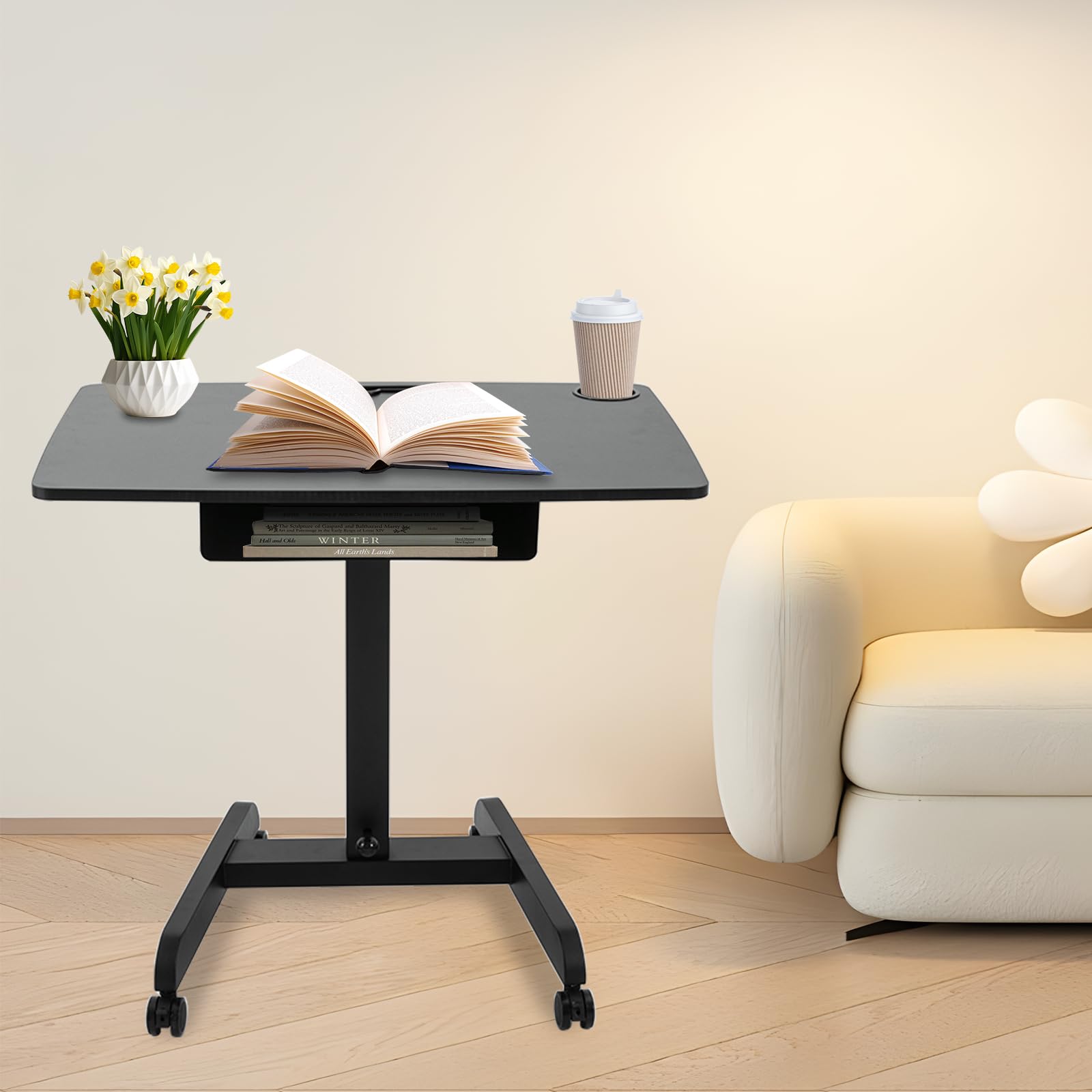 Bitodd Mobile Standing Desk Foot Pedal Rolling Desk with Adjustable Heigh Large Storage Adjustable Laptop Desk with 4 — view 2