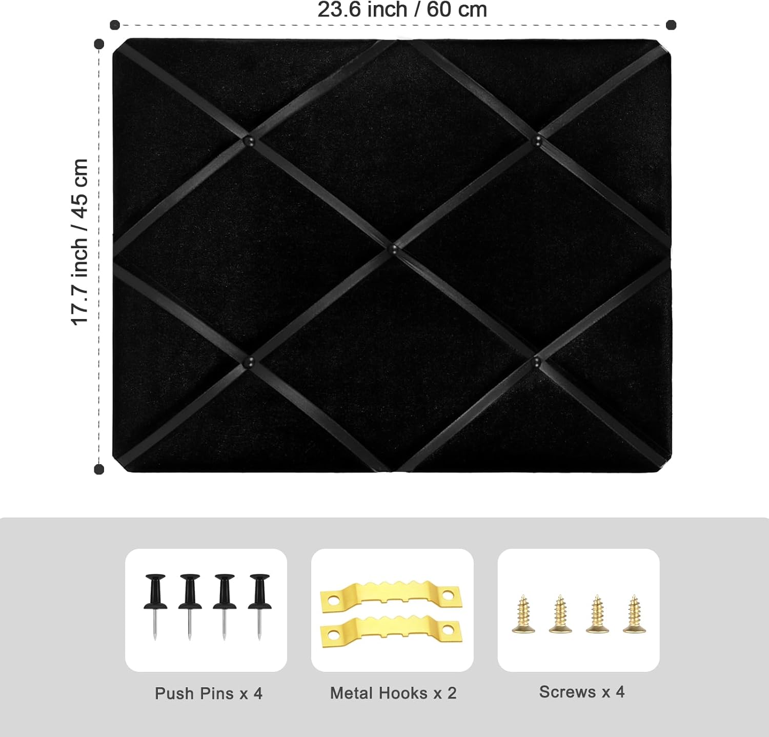 Black Fabric Memo Bulletin Board, 23.6x17.7 inches Velvet Pin Board for Wall, Vision Board Message Board Cork Board with Criss-Cross Ribbons for Home Office School Wall Decor(BK Velvet,4560)
