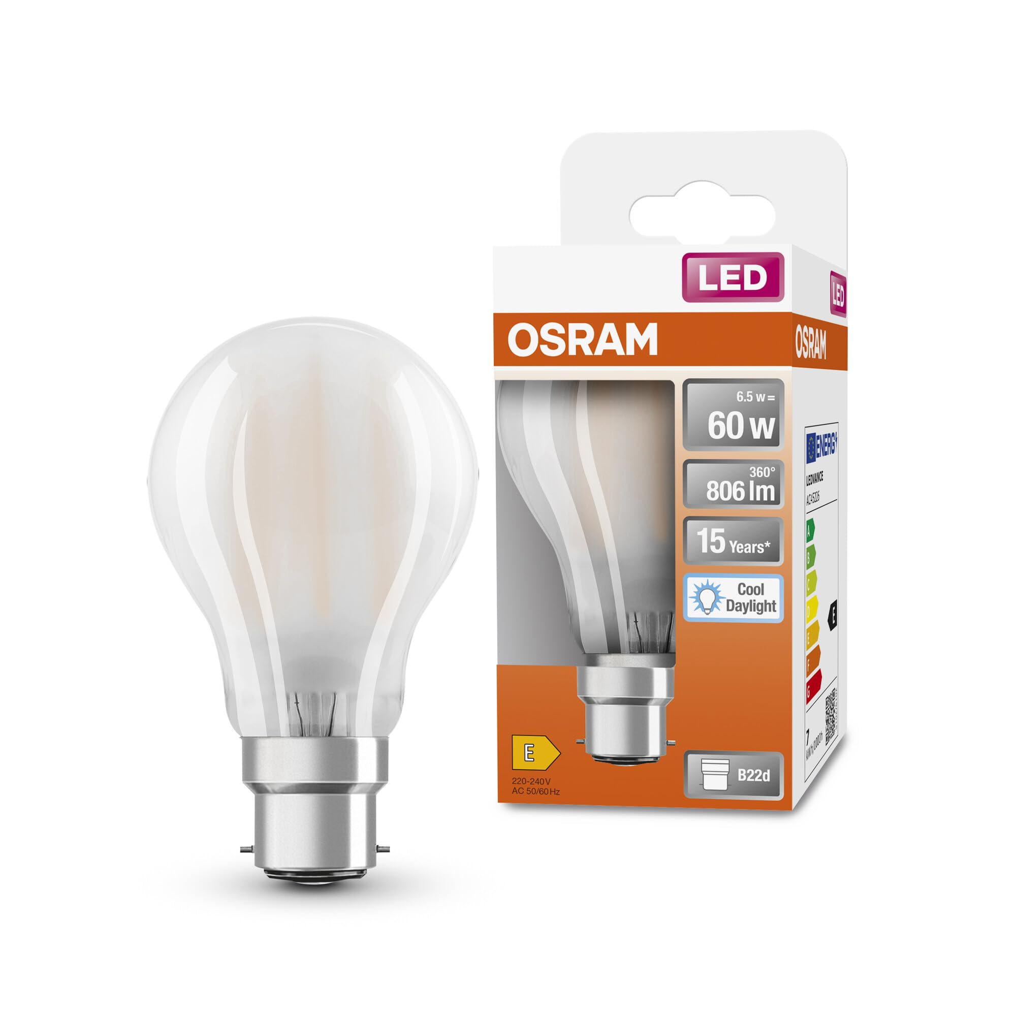 Osram White Led Star Classic A60 Led Lamp For B22d Base, Pear Shape, Gl Fr, 806 Lumen, Daylight (6500K), Replacement For Conventional 60W Light Bulbs, Not Dimmable, 6-Pack