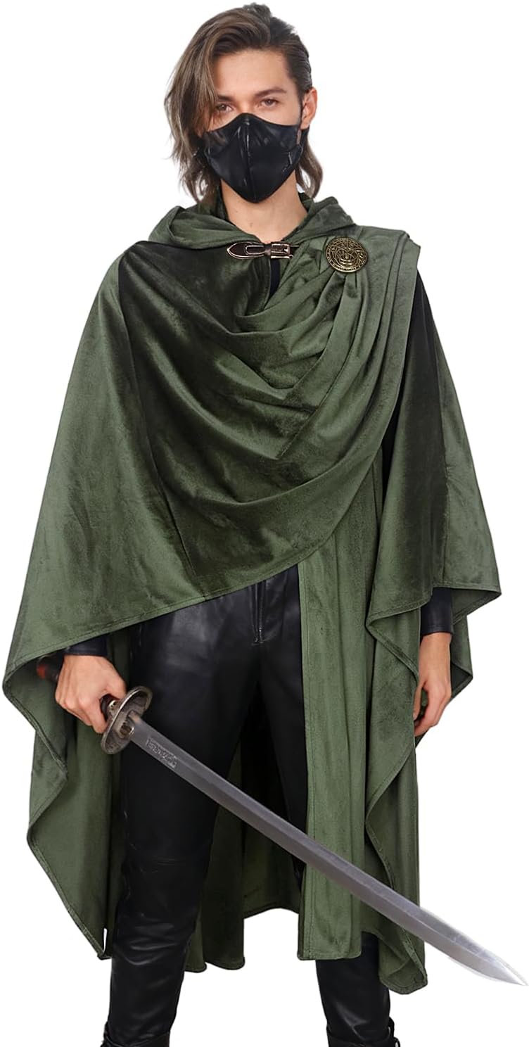 Joukavor Renaissance Cloak with Medieval Brooch - Ren Faire Hooded Cape for Halloween Cosplay Fantasy LARP