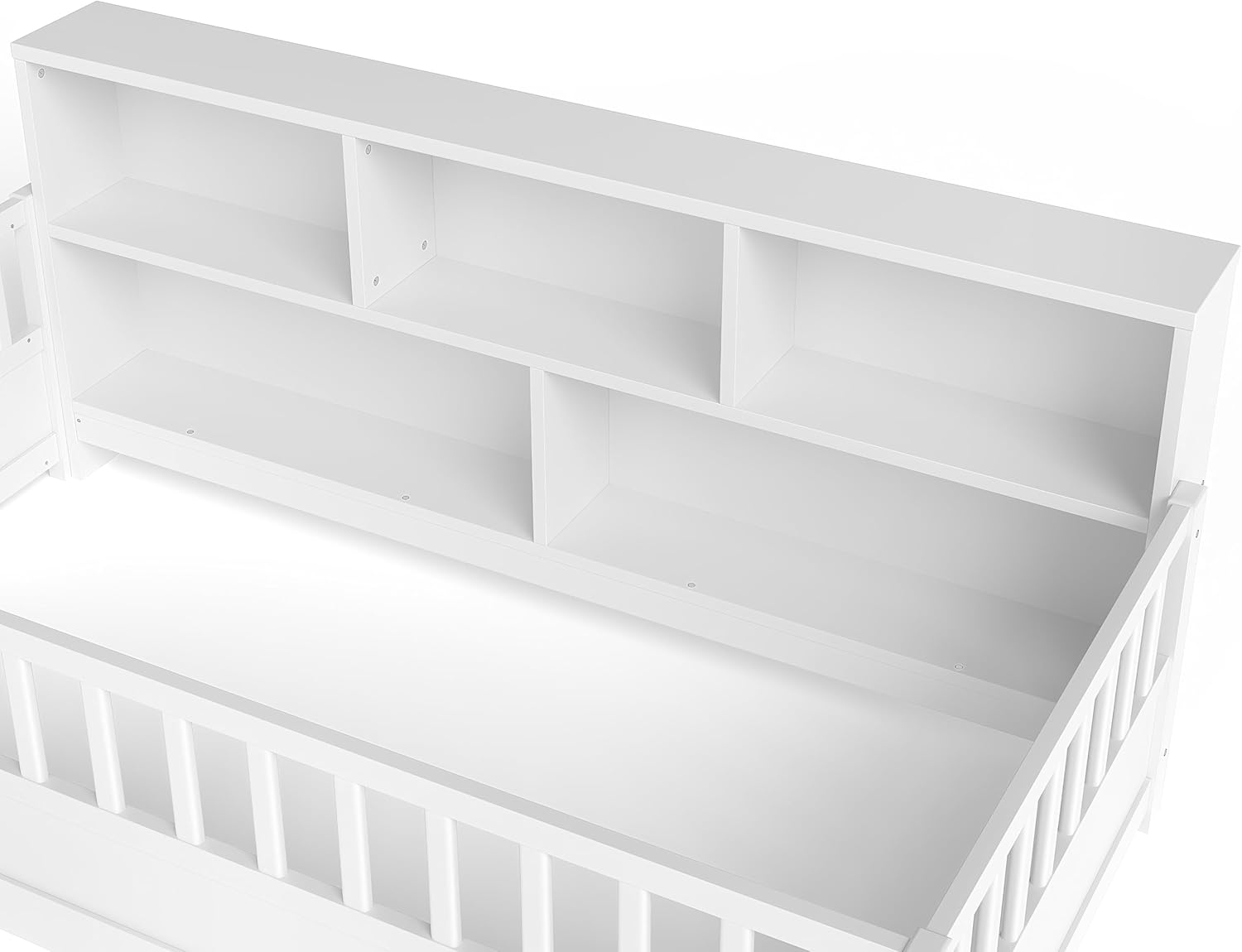 Bellemave Twin Floor Bed with Bookcase and Rails, Twin Size Montessori Floor Bed Frame with Storage Shelves, Versatile 2-in-1, Wooden, Easy Assemble, for Kids, Without Slats, White