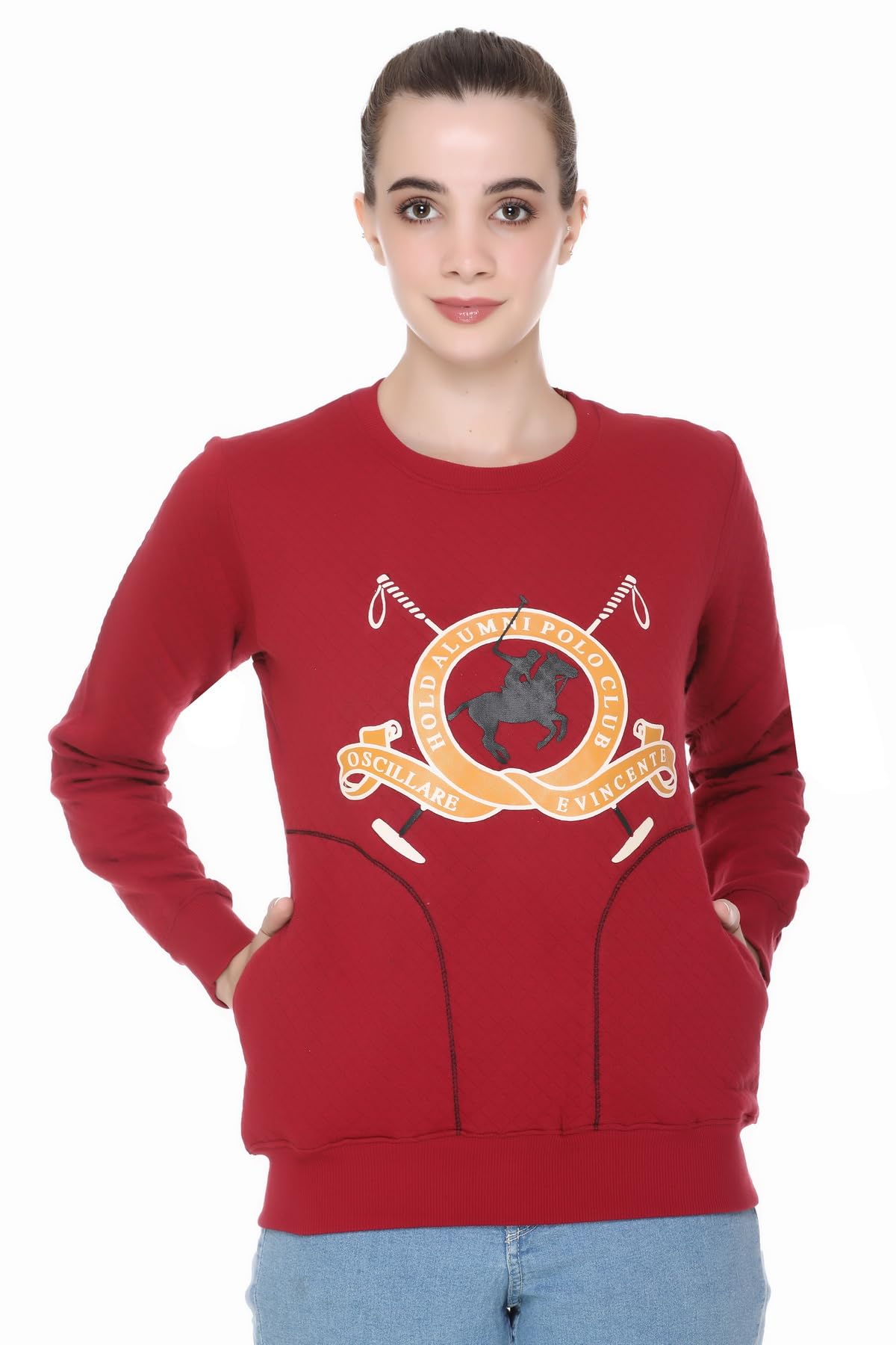 hold Women's Full Sleeve Printed Sweatshirt with Polo Club Logo, Red, Polycotton, Round Neck-picture-13