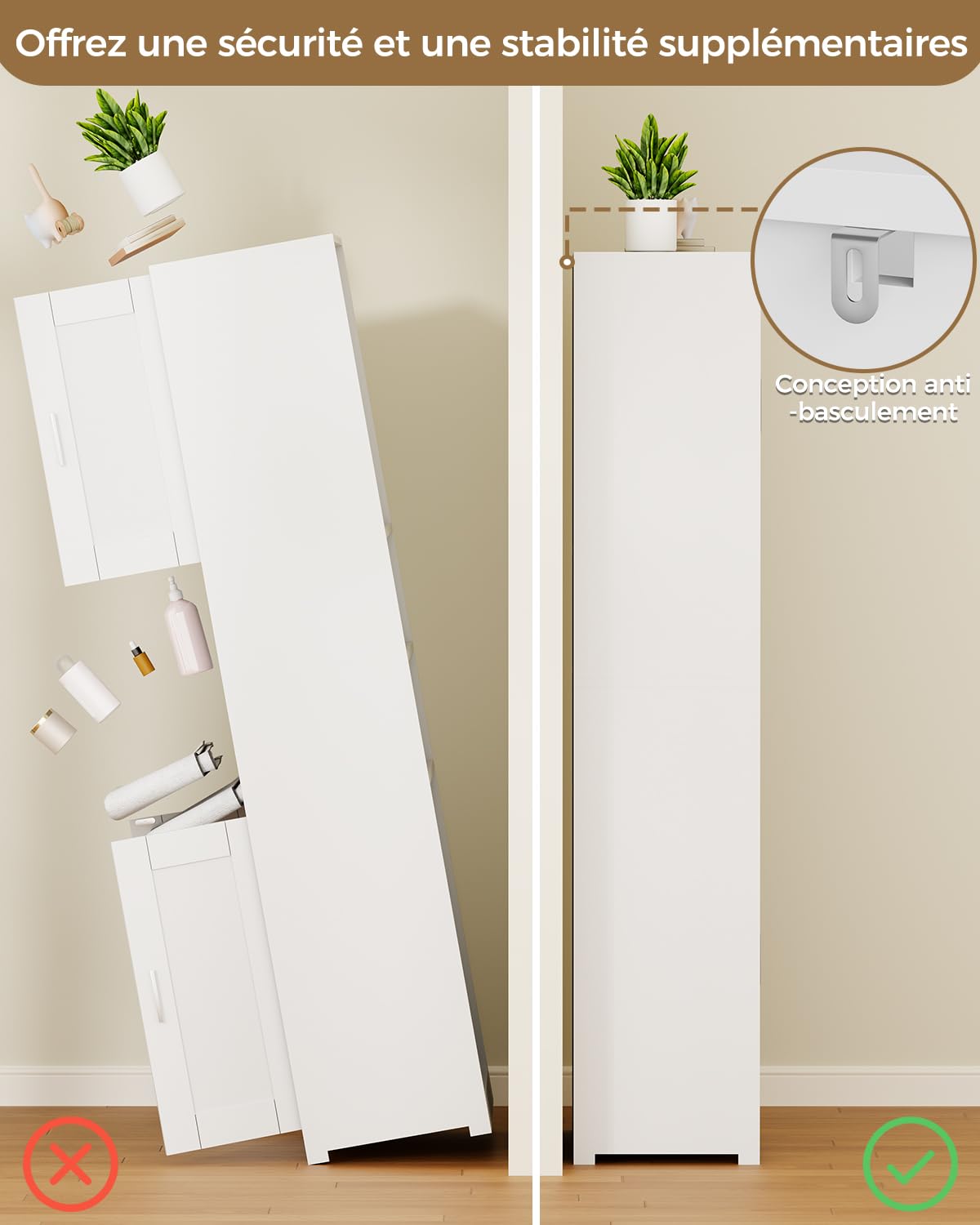 BEWISHOME Armoire de Salle de Bain, Meuble Salle de Bain Rangement, Meuble Colonne de Salle de Bain avec Étagères Réglables, pour Salon Cuisine 60x30x170cm Blanc EYYG09W