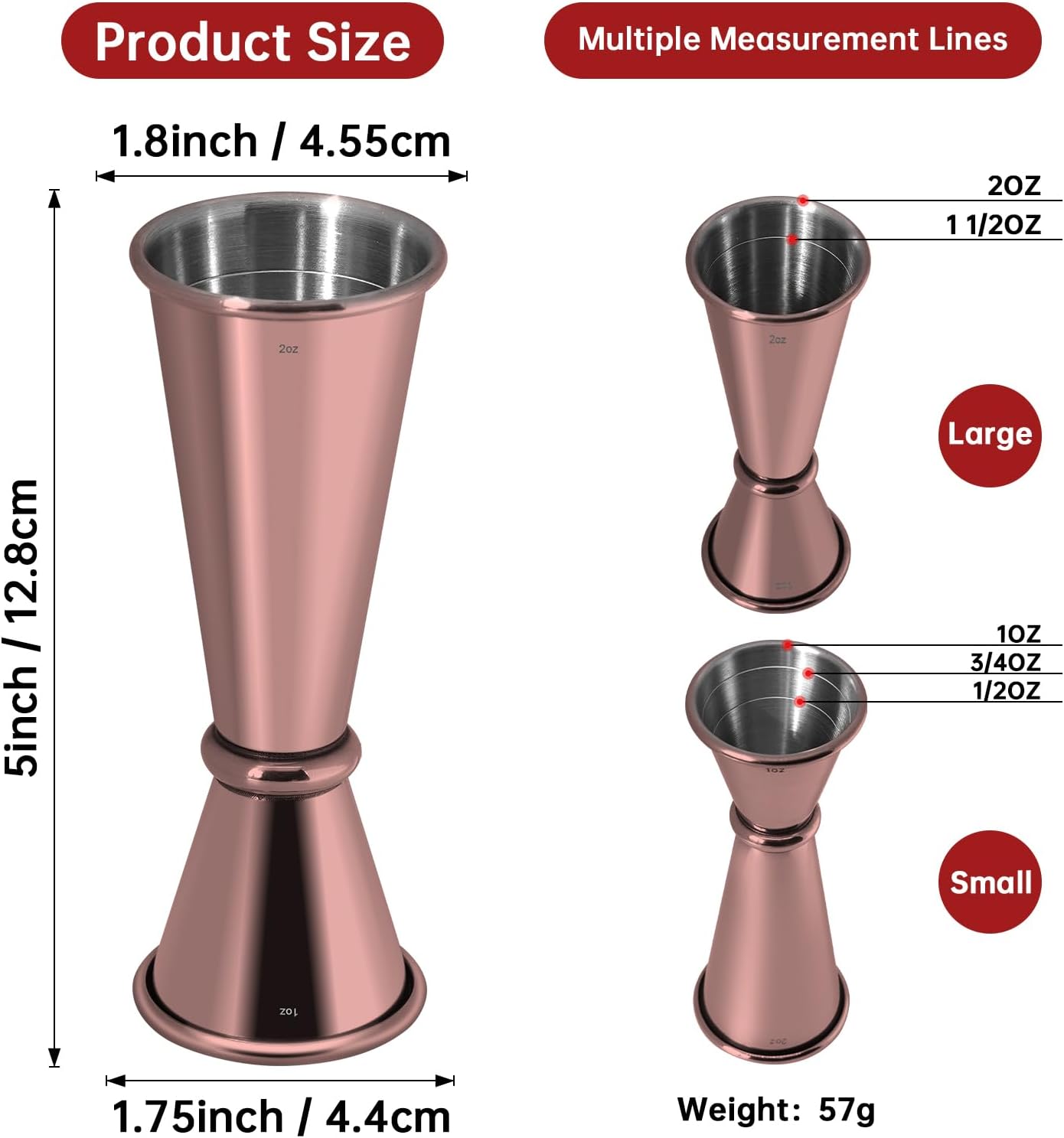Stainless Steel Cocktail jiggers,Double Sided Jigger for Bartending, 2 OZ 1 OZ Dual Measuring Cup for Bar Party Wine Cocktail Drink Shaker (Rose gold)