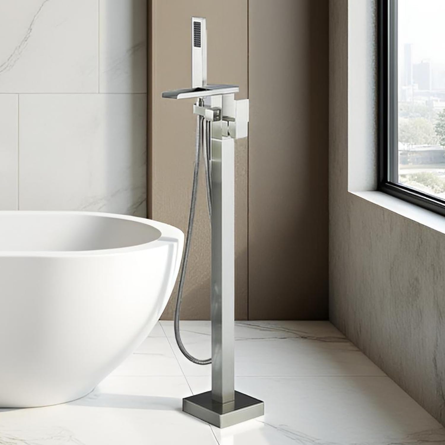YAGATAP Freestanding Bathtub Faucet Floor Mount Tub Filler Brushed Nickel High Flow Shower Faucets with Handheld Shower Mixer Taps Swivel Spout