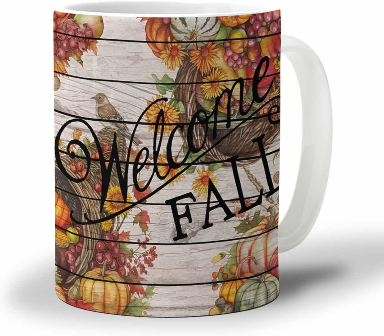 BEMIGO Ceramic Coffee Mug Autumn Fruits Pumpkins Ceramic Mug White Cup, Bird Wood Grain Insulated Coffee Cup with Handle with Pattern Perfect for Tea and Hot Beverages, 12oz