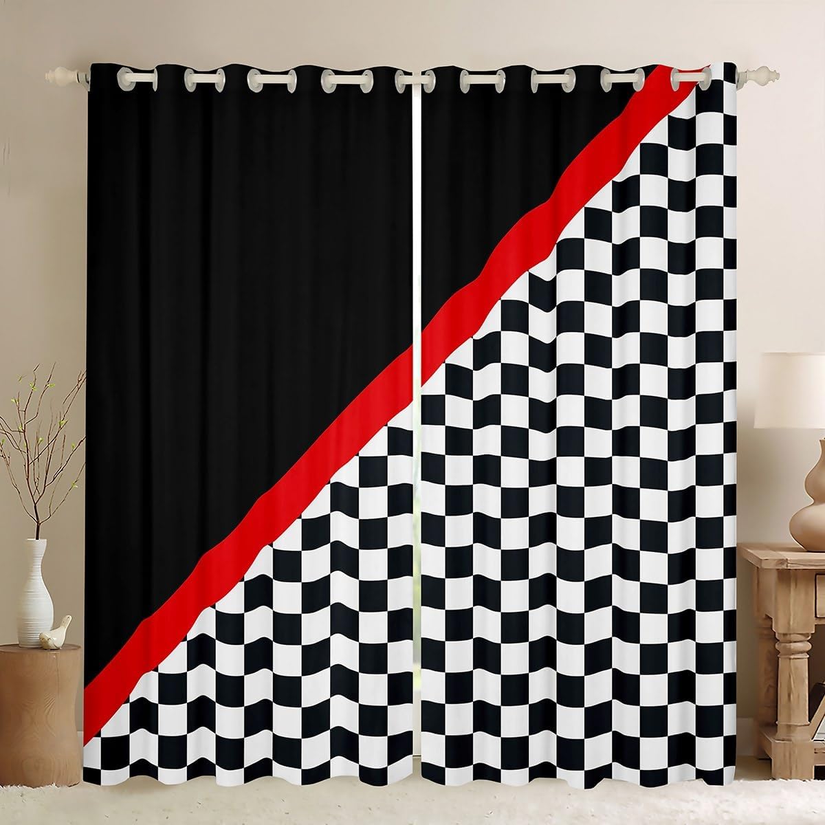 Homewish Race Car Window Curtain,Black White Checkered Grid Blackout Window Curtains for Girls Boys,Racing Themed Red Stripes Geometric Window Treatment Curtains for Living Room, 38Wx45L inch