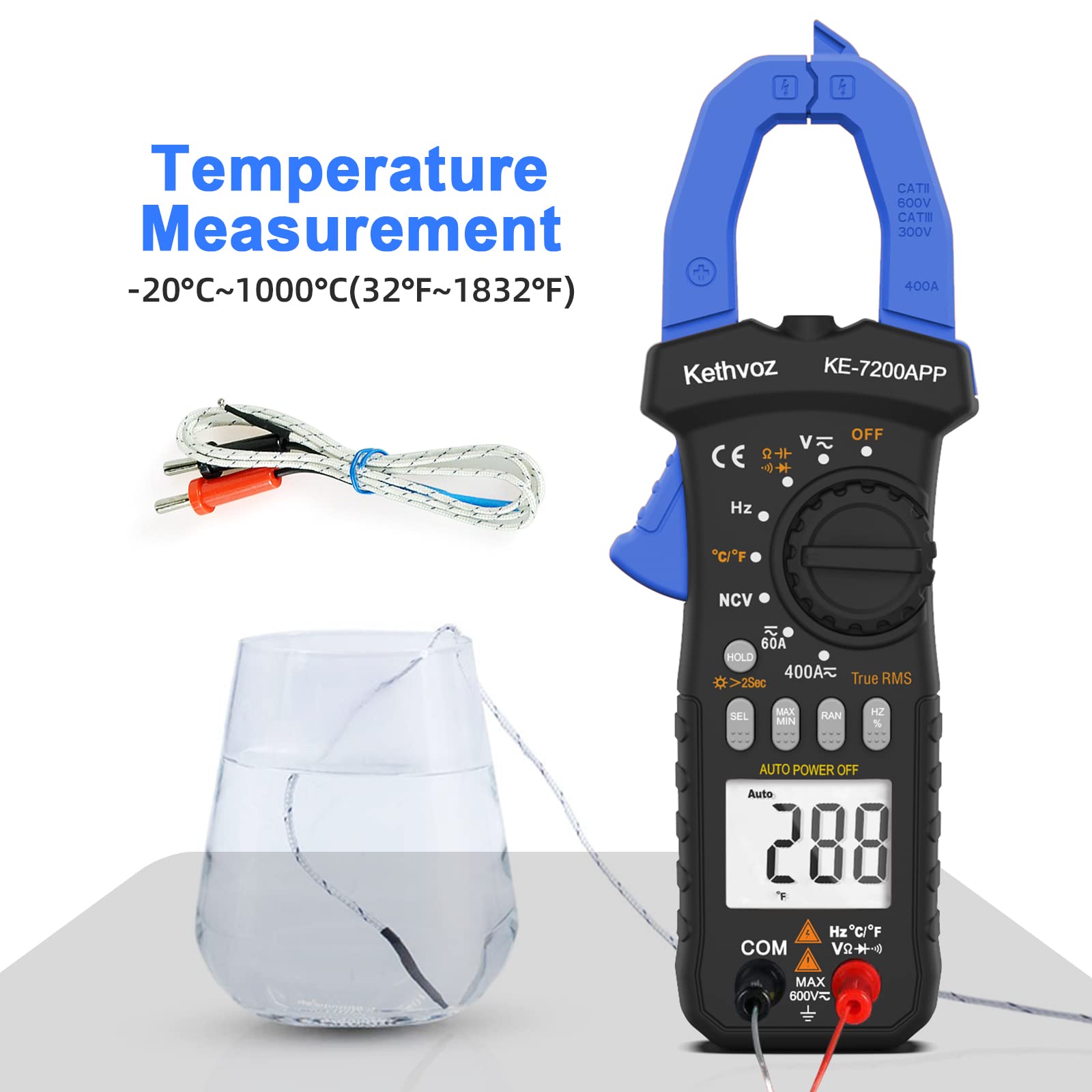 Digitale Pinza Amperometrica 400A CC/CA, Kethvoz Bluetooth Multimetro Professionale Misura AC/DC Elettrica Corrente Tensione Resistenza Capacità, 6000 Conteggi Amperometro KE-7200APP