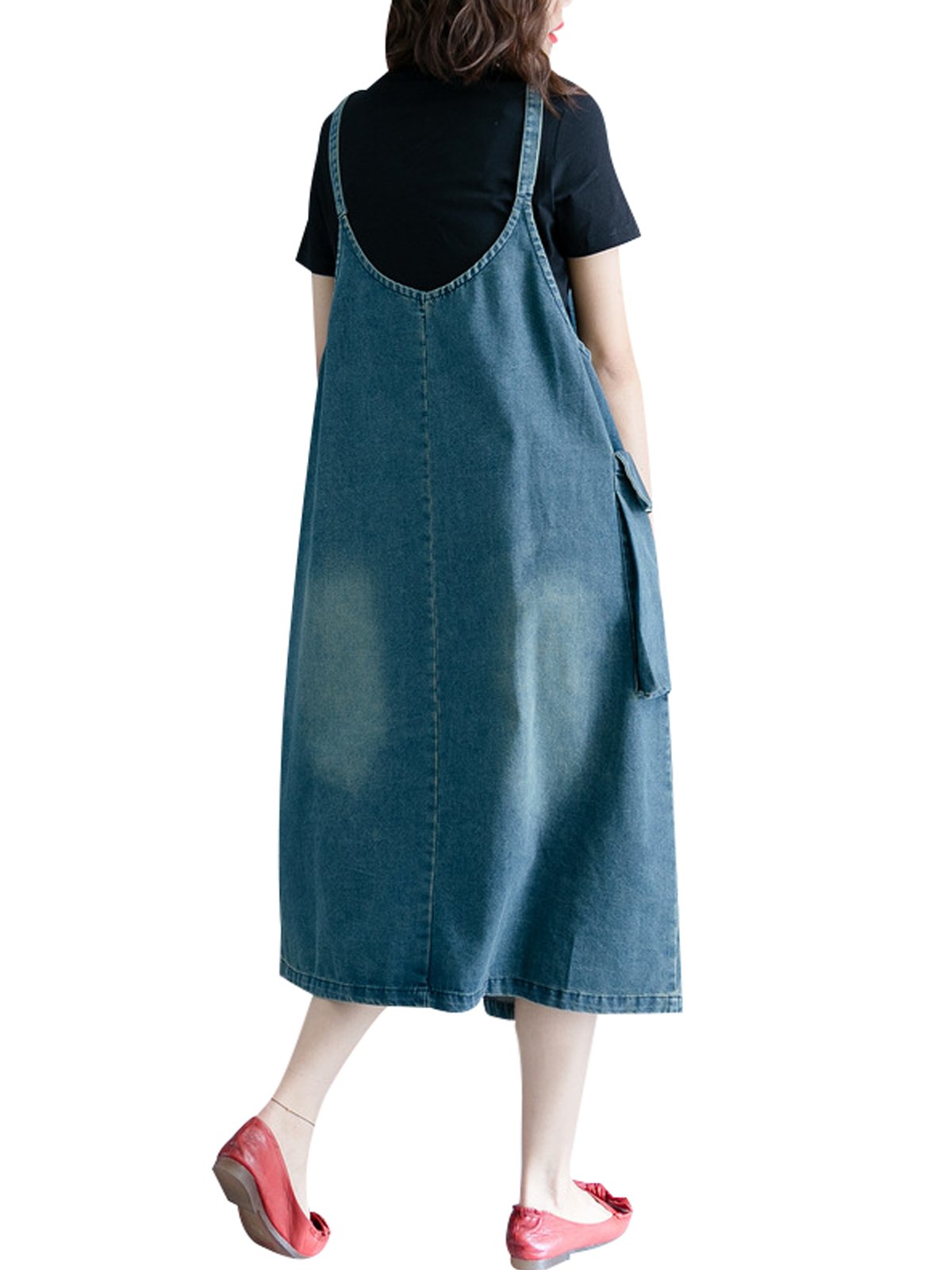 Mujeres Verano Grandes Bolsillos Vestidos de Jeans Vestido de Denim