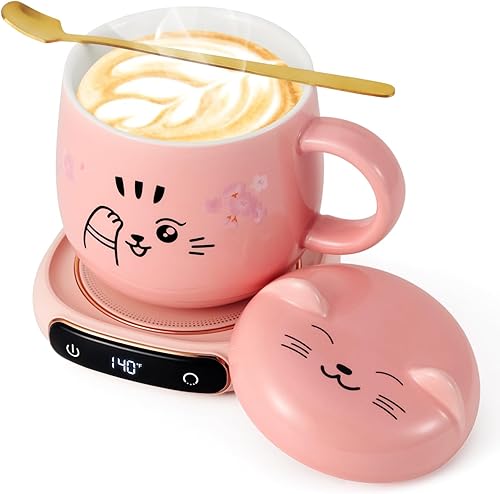 Bsigo Calentador de taza de café inteligente con pantalla LED eléctrica y lindo juego de tazas de gato, calentador de tazas para escritorio, plato