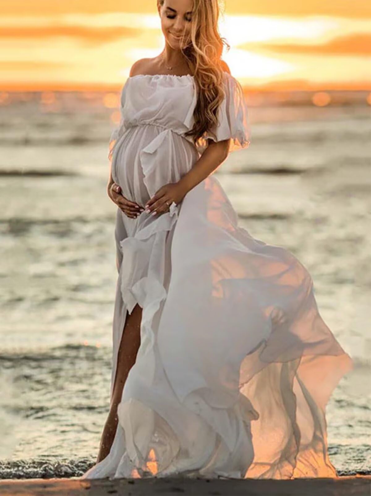 Schwangerschaftskleid Fotoshooting Umstandskleider Chiffon Lang Schlitz Babybauch Kleid