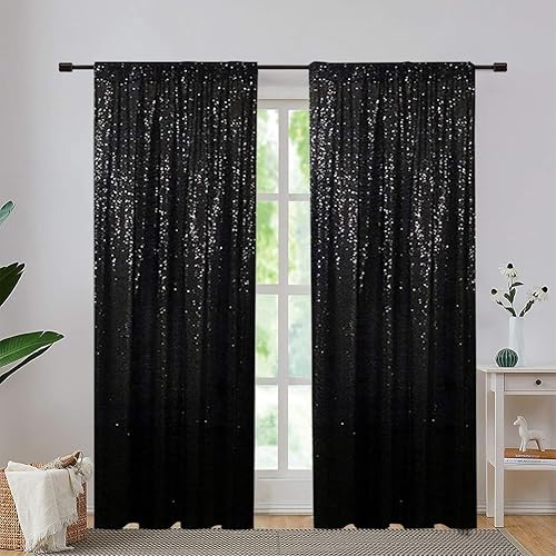 Miniatura 4 de Eternal Beauty Cortinas de telón de fondo de lentejuelas negras, 2 paneles de 3 x 7 pies para Navidad, fiesta, cumpleaños, fotografía, boda,