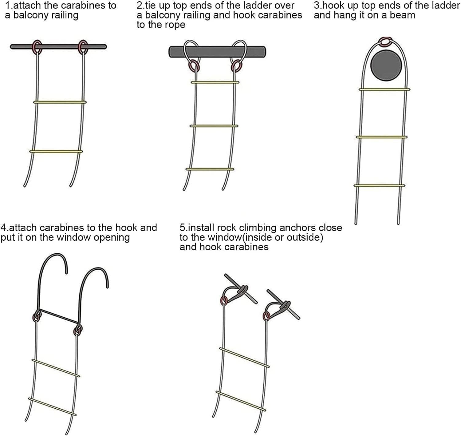 Escalera de Cuerda for Escape Incendios, Escalera Rescate Emergencia, portátil, Antideslizante, Suave, Seguridad, Reutilizable, con Gancho