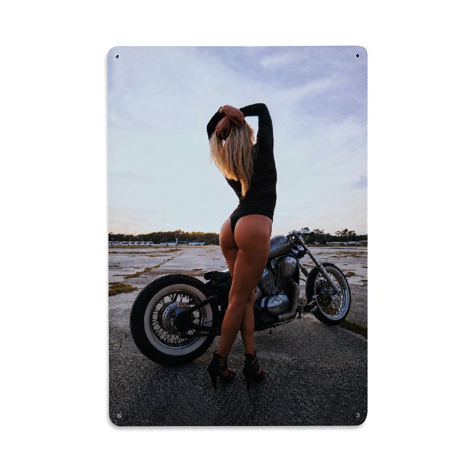 Sexy Woman Vintage Cafe Racer Motorcycle Biker Girl Motorsport Metal Tin Sign Plaque Wall Decor for Cafe, Man Cave, Club Bar, Office, Home Garden Round Metal Poster 8x12Inch