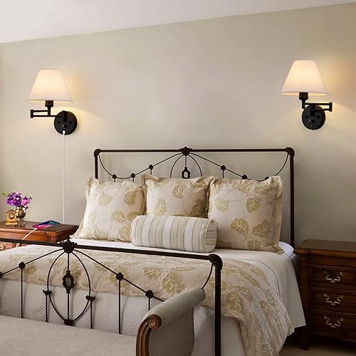 Miniatura 6 de Apliques de pared con brazo oscilante, lámpara de pared enchufable, lámpara de pared para dormitorio, pantalla de tela blanca, con interruptor