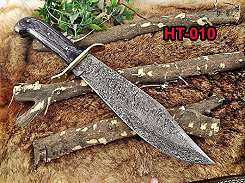 Cuchillo Bowie de caza de acero de Damasco forjado a mano de 15 pulgadas, madera de dólar negro de 2 tonos con protector de dedo de latón, funda de