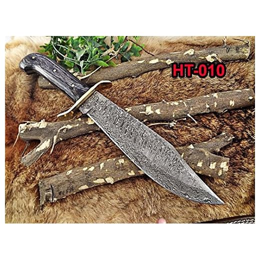 15" Long hand forged Damascus steel Hunting Bowie Knife, 2 tone Black Dollar wood with Brass finger guard, Cow Hide Leather sheath with belt loop