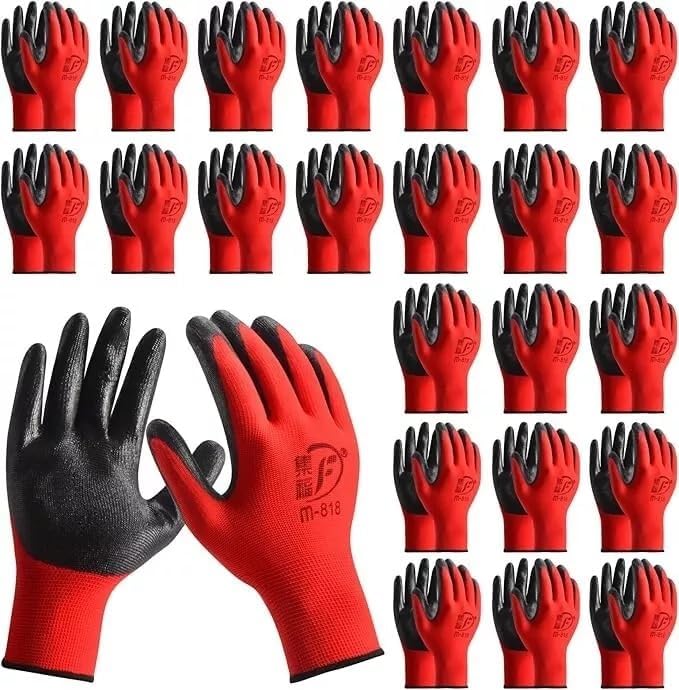Ruiyang 24 Pairs Red And Black Worker Gloves Handling Safety Work Gloves General handling, Builders Construction, Engineering, Maintenance, Material Handling, Packing Warehouse (24 Pairs Red, M)