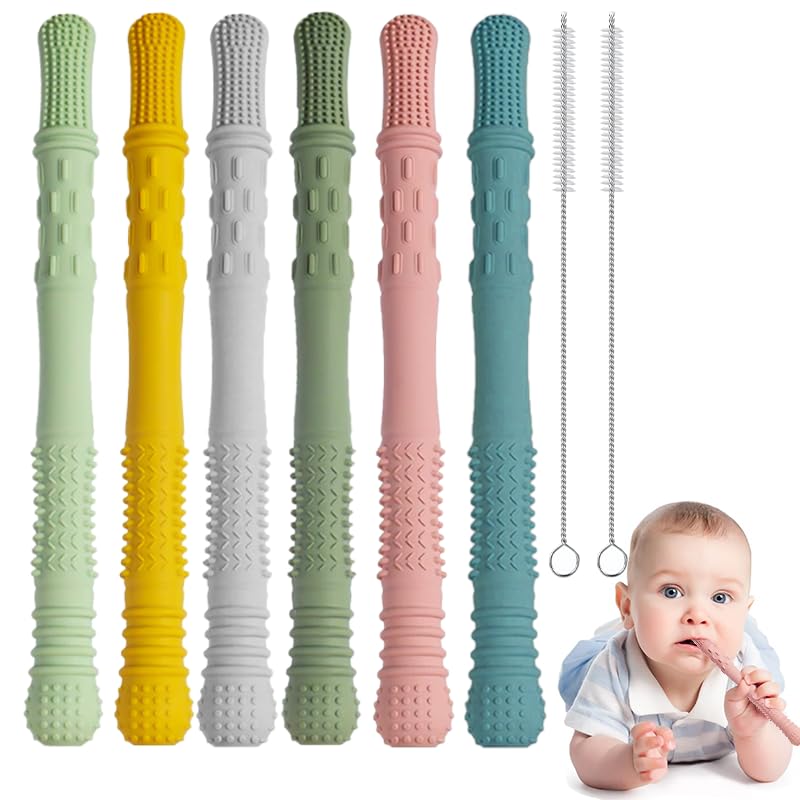6 Stück Beißring Baby PP Silikon Beissring Set Hohl Kausticks für BPA Frei Beißröhrchen Zahnungshilfe Zahnungshilfe Beißring Geeignet für ab 3 Monaten mit 2 Strohbürsten