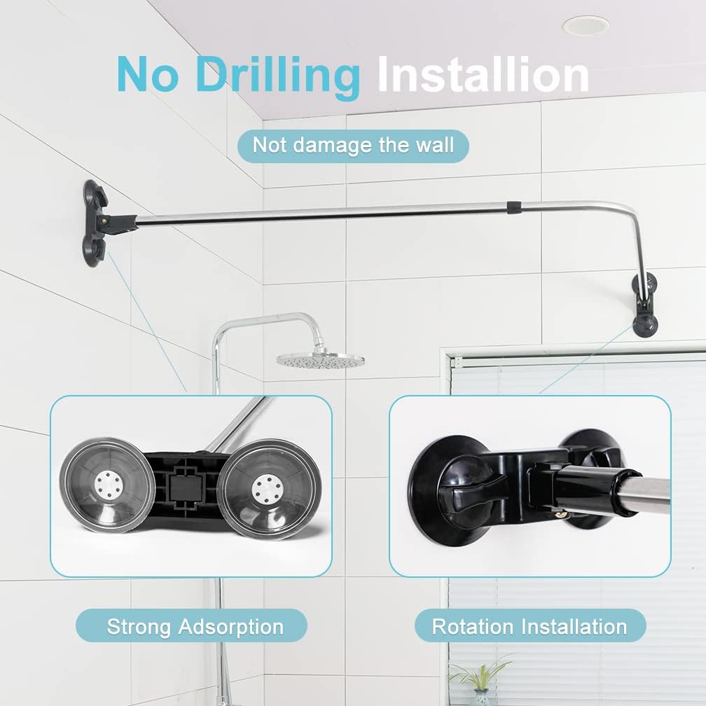 Hershii Curved Shower Curtain Rod L-Shaped Corner Bathroom Curtains Hanger Pole Decorative Extendable Bathtub Metal Showers Rail Bar, Wall Mounted or Suction Cups Install - Black