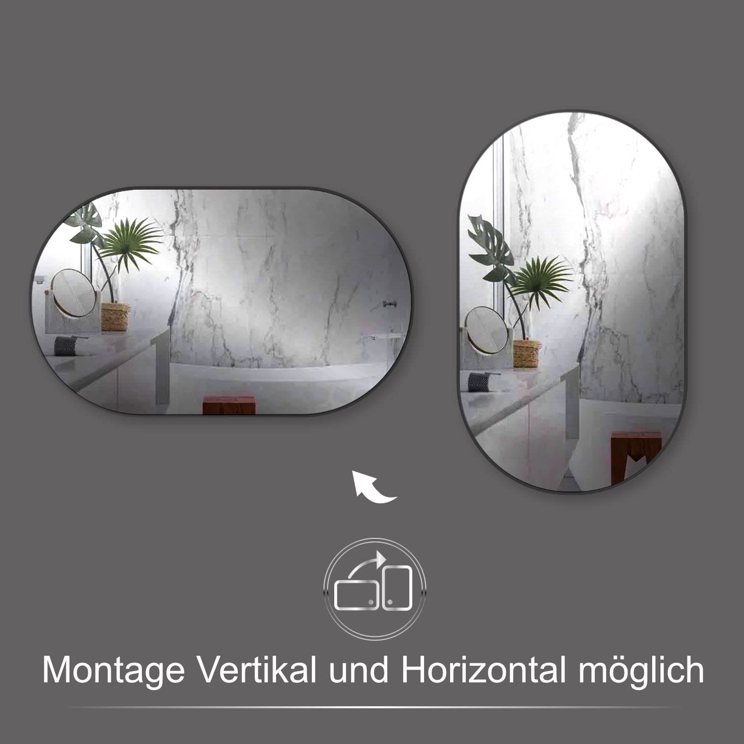 HOKO Design Wandspiegel oval 45 x 75 cm mit Metall Rahmen Matt Schwarz. HOCH und QUER Montage möglich. Ovaler Spiegel für Bad, Flur, Schlafzimmer. Designspiegel mit Rahmen für das Wohnzimmer.…