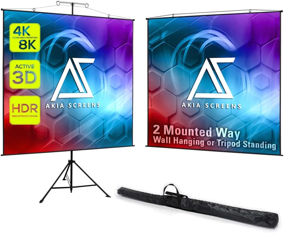 Akia Screens 2 in 1 96 inch Portable Projector Screen with Stand and Carry Bag 4:3 16:9 8K 4K HD 3D, Stand or Wall Mount Tripod Projection Screen for Outdoor Movie Home Theater, AK-T96SLITE (Black)