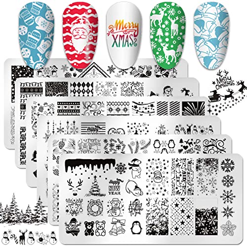 SILPECWEE 6pcs Christmas Nail Stamping Plate Nail Stamp Penguin Polar Bear Animal Nail Stencils Nail Art Template Holiday Manicure Stamping Set