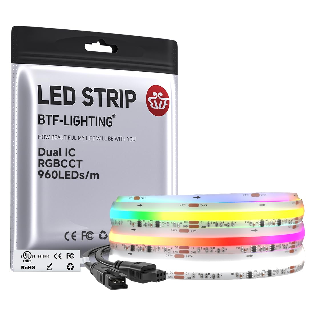 BTF-LIGHTING FCOB COB RGBCCT SPI LED Strip Dual IC 3M 960LEDs/m DC24V IP66