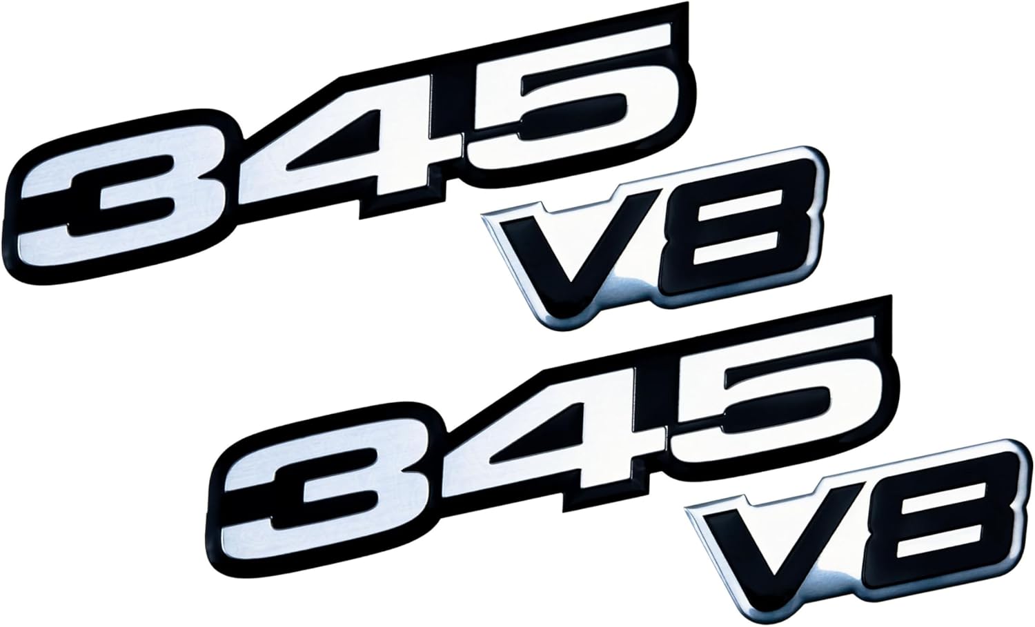 Combo Silver on Black 345 and Black on Silver V8 Highly Polished Embossed Aluminum Emblem Badge Nameplate Compatible with 345 V8 Dodge Chrysler Jeep Ram (345 SoB - V8 BoS) (Pack of 2)