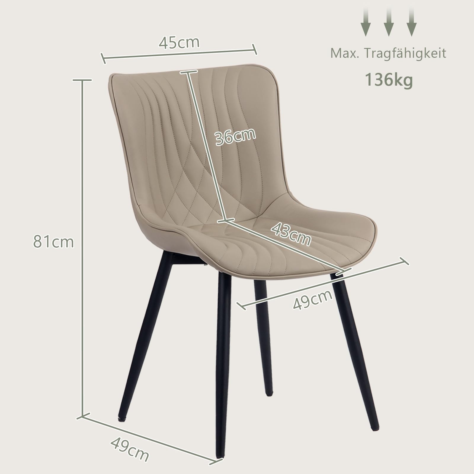 YOUTASTE Esszimmerstühle 2er Set, Kunstleder & Lehne, Küchenstühle Khaki | Bequemer Polsterstuhl mit Metallbeine, Fischschwanz-Design, Essstühle für Esszimmer, Küche, Wohnzimmer