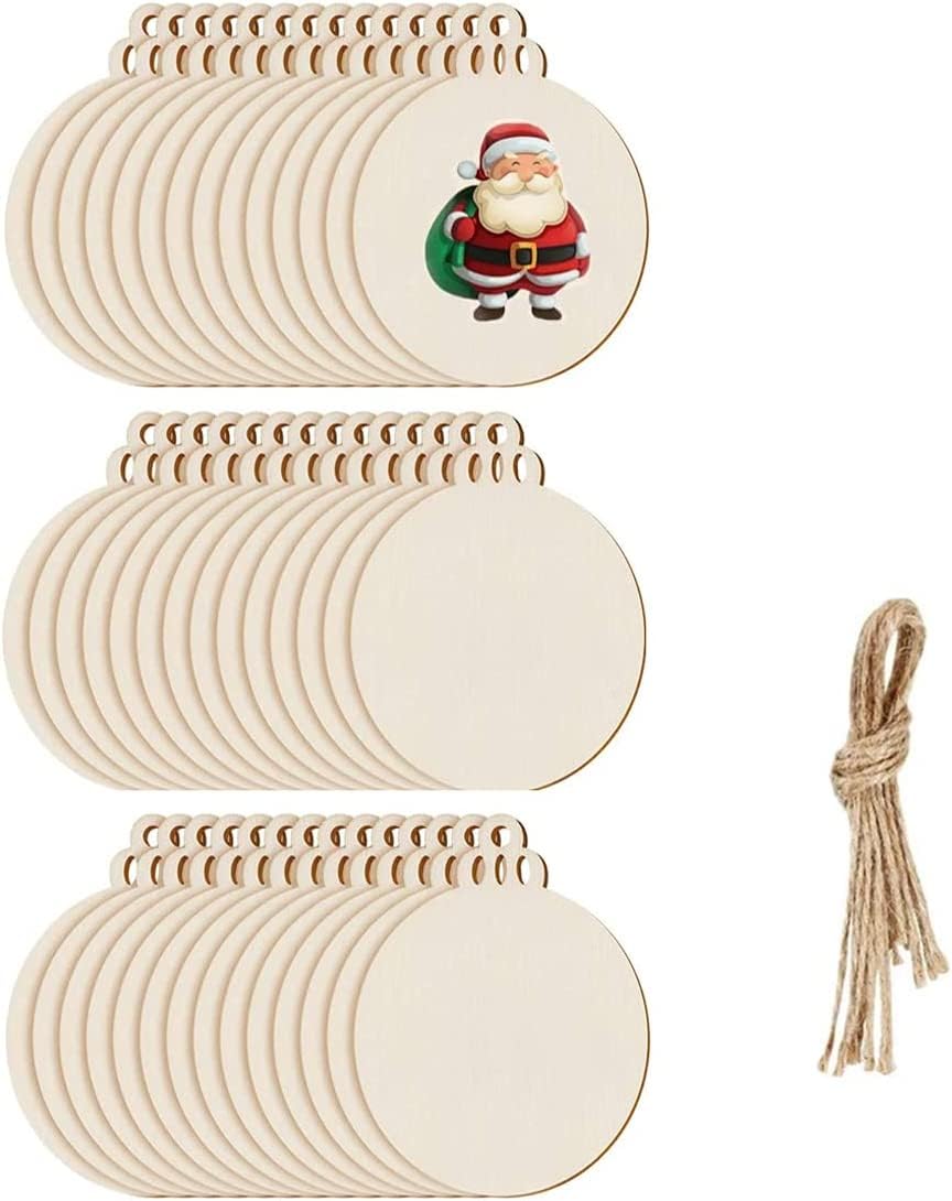 DARENYI 100 Piezas Adornos Navideños de Madera, Discos de Madera Natural Sin Terminar con Agujero Bricolaje Manualidades Decoraciones de árbol de Navidad