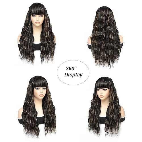 Miniatura 6 de X-TRESS Pelucas sintéticas negras onduladas de 20 pulgadas con flequillo pelucas sintéticas naturales rizadas negras para mujeres negras pelo