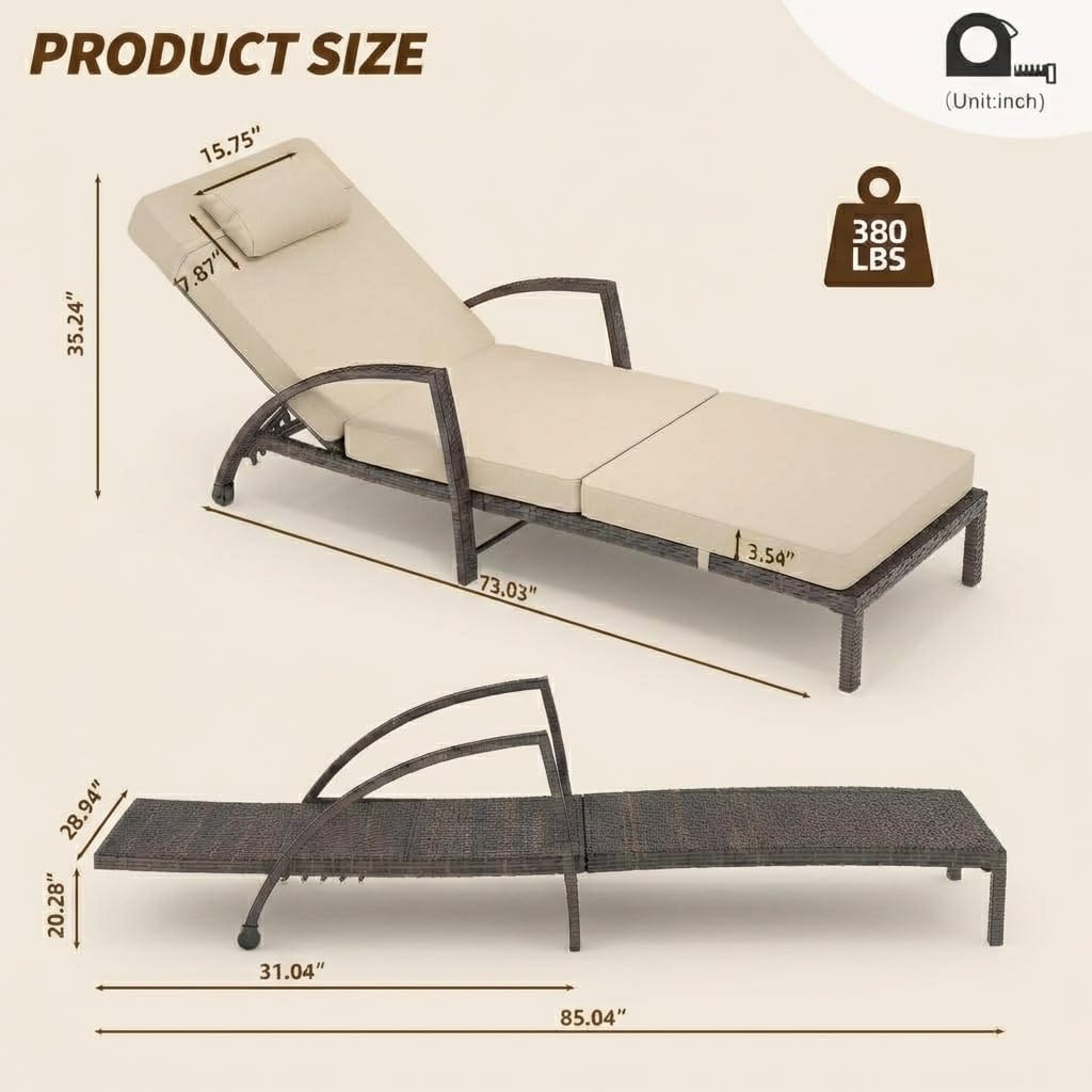 Garvee Outdoor Chaise Lounge Set of 2, 5-Position Adjustable PE Wicker Reclining Chairs with Wheels & 3.5" Cushions, 400 lbs Capacity All-Weather Patio Furniture for Poolside, Garden, Beach(Beige)