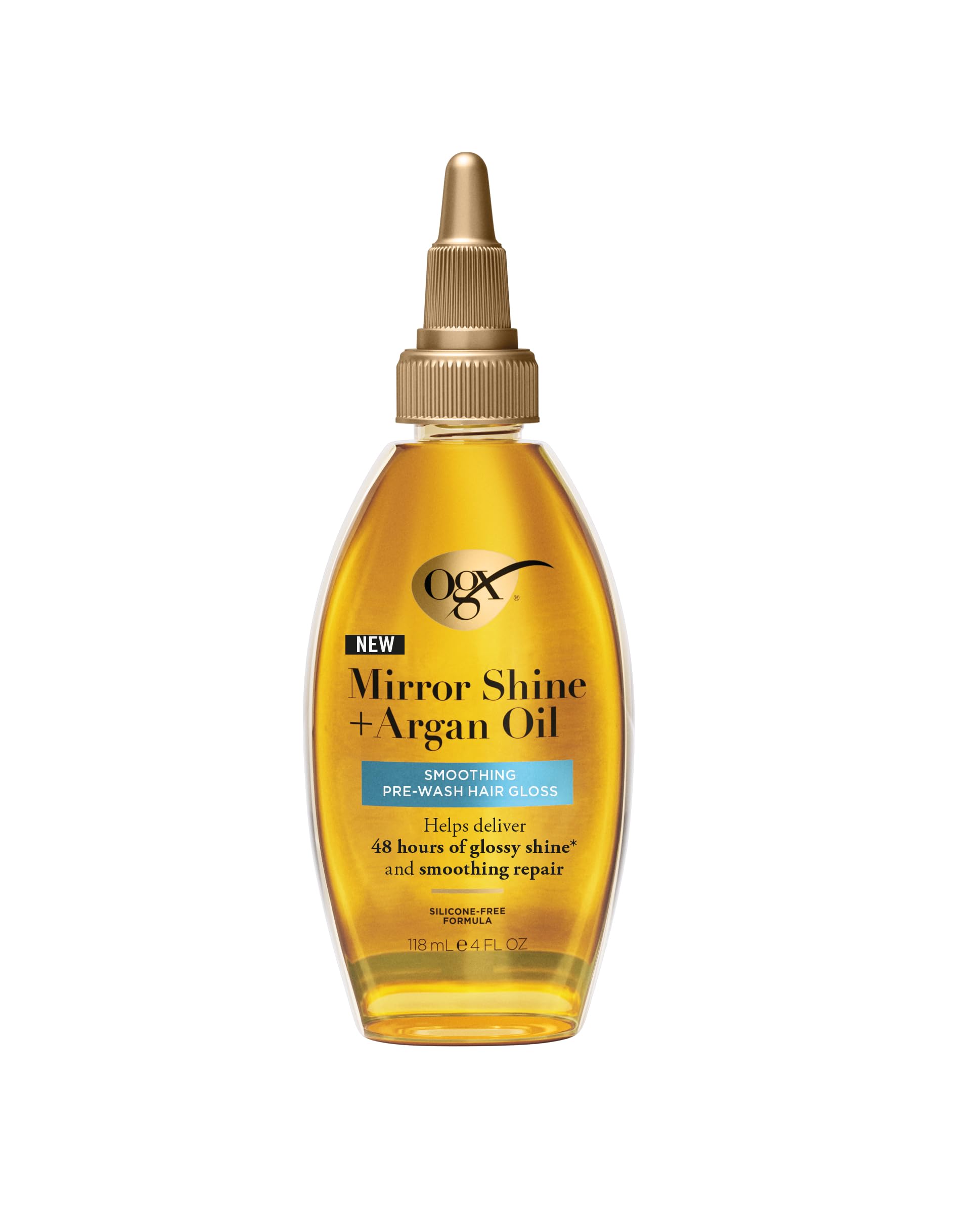 OGX Mirror Shine + Argan Oil Pre-Wash Hair Gloss, Rinse Out Treatment, Glossy Shine, Smoothing Repair, Lightweight, Silicone Free, Mends Split Ends, 118ml