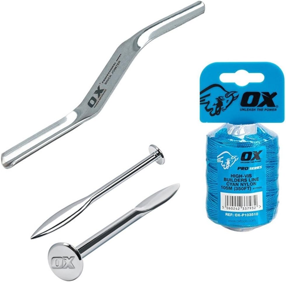 OX Bricklaying Kit - Includes Line Pins Brick Jointer 16mm x 19 mm and 105m Cyan Brick Line